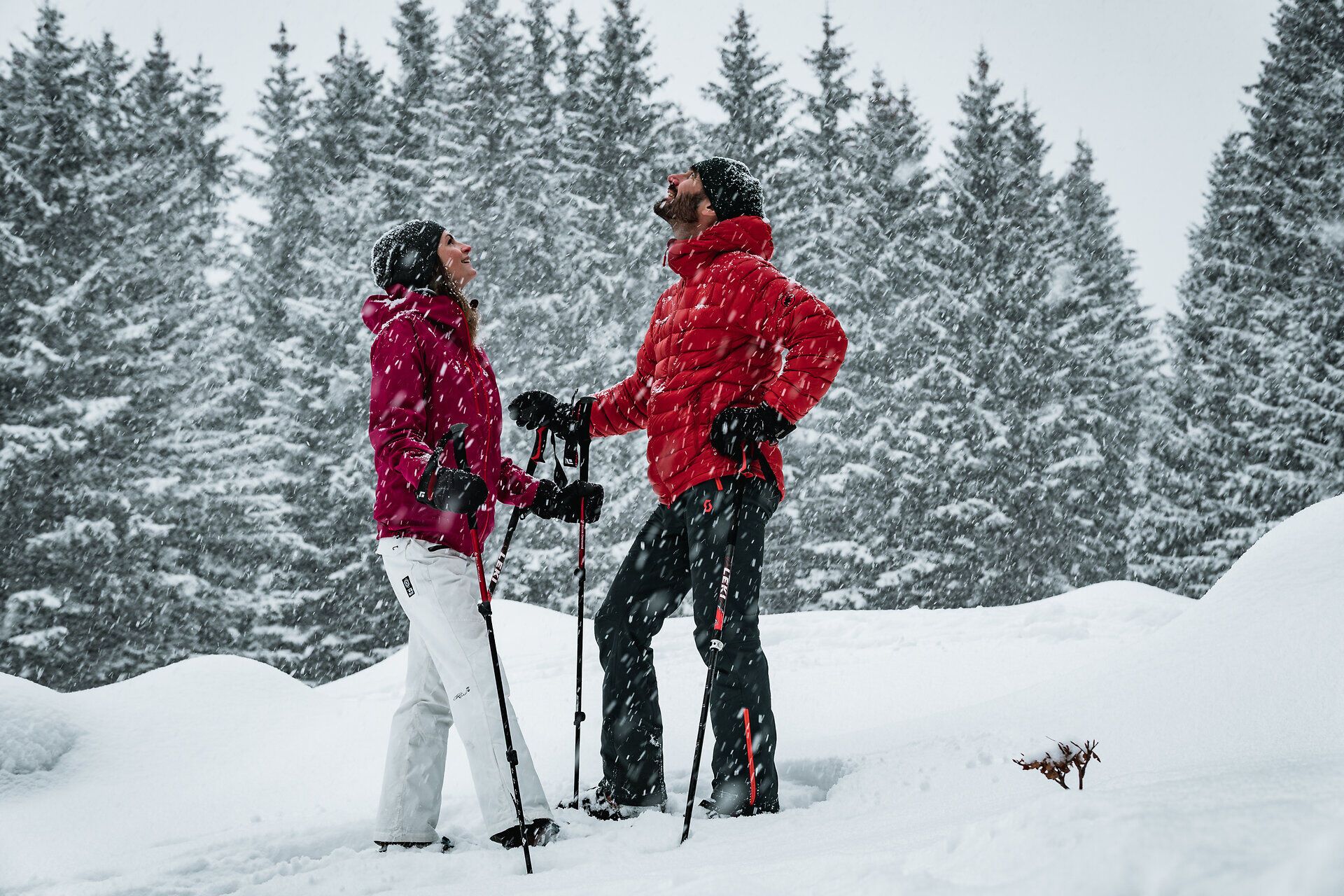 Inmitten einer winterlichen Traumlandschaft genießen zwei Wanderer die frische, kalte Luft und den sanften Schneefall. Umgeben von majestätischen Tannen und glitzerndem Schnee, erleben sie die Ruhe und Schönheit der Ybbstaler Alpen beim Schneeschuhwandern. Diese unberührte Natur lädt dazu ein, die Seele baumeln zu lassen und die winterliche Idylle in vollen Zügen zu genießen.