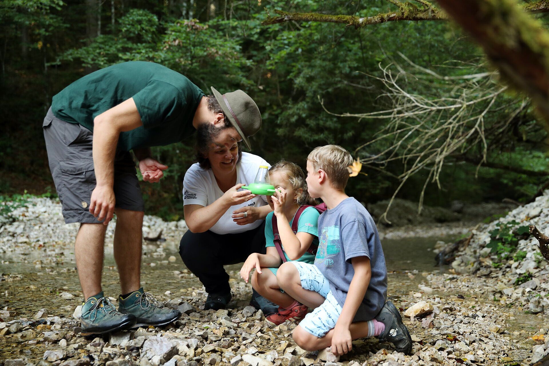 Zwei Kinder und zwei Erwachsene erkunden die Flora und Fauna entlang eines kleinen Bachs. Sie blicken gespannt durch eine spezielle Becherlupe. 