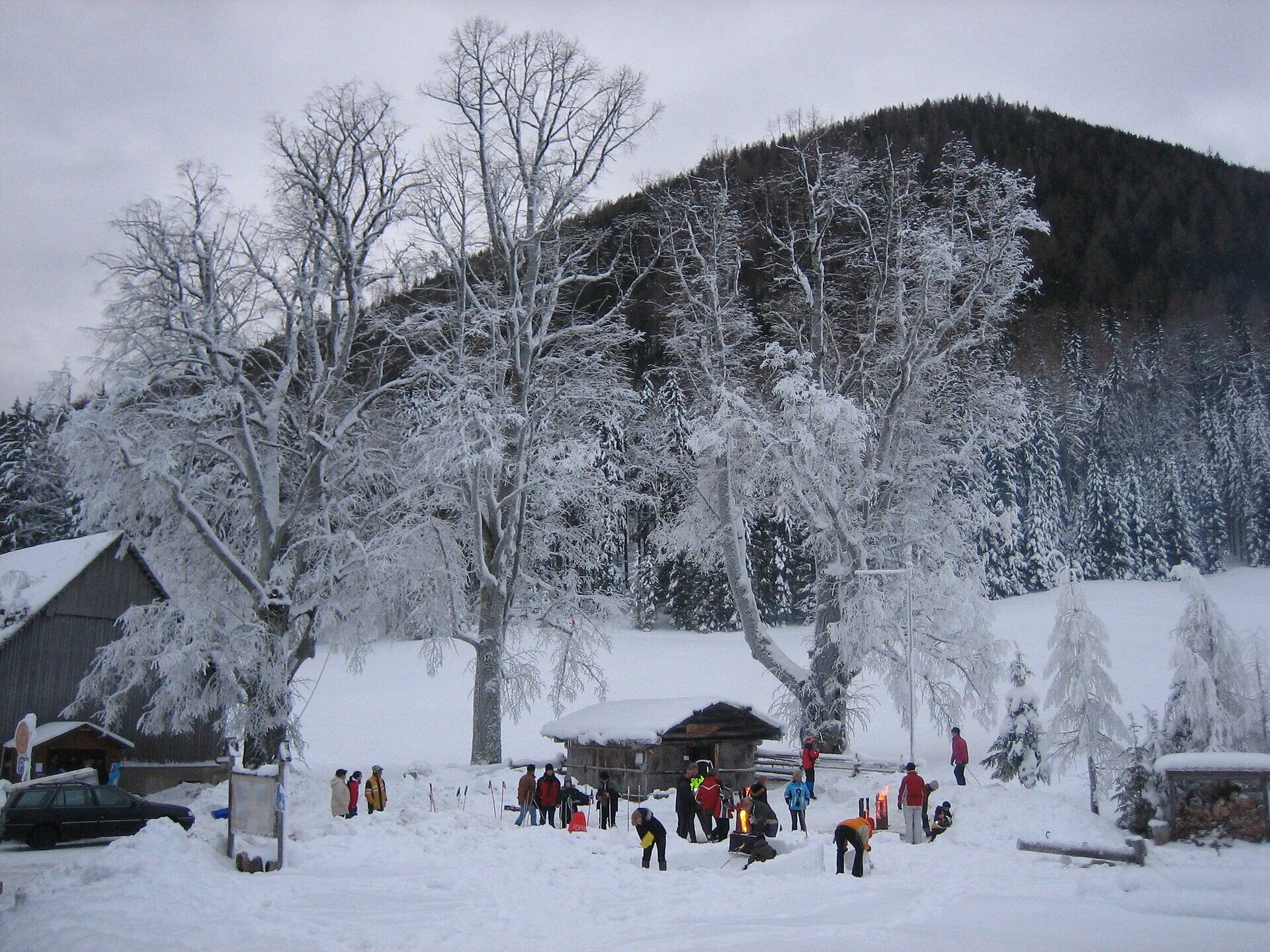 Inmitten einer winterlichen Landschaft, wo schneebedeckte Bäume die Stille umarmen, versammeln sich Menschen, um die Schönheit der Natur zu genießen. Die frische, kalte Luft und das sanfte Knirschen des Schnees unter den Füßen schaffen eine einladende Atmosphäre für Abenteuer und Entspannung.