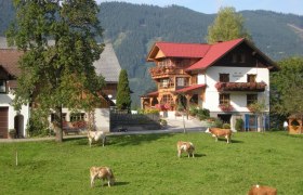 Farm with cows in a meadow in front of a traditional house in the Alps.