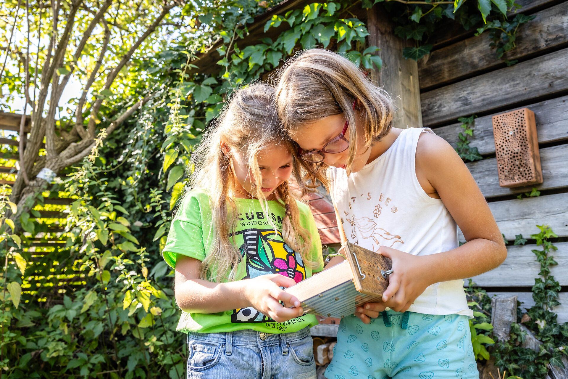 Familienfreundliches Top Ausflugsziel GARTEN TULLN. Zwei kleine Mädchen erforschen ein Holzbrett, könnte ein Bienenhotel sein. Alle sind fröhlich, haben gemeinsam Spaß an diesem sonnigen Tag.